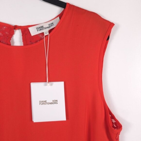 NWT DIANE VON FURSTENBERG Coral Red Sleeveless Shell 12215DVF Lace Top LARGE - Picture 6 of 11